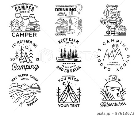 Vintage line art logo designs set. Camping adventure badges with outdoors scenes. Camp label, hiking insignias bundle. Silhouette linear concept. Stock collection 87613672