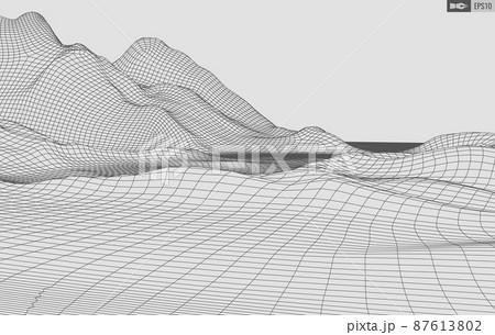 Wireframe landscape on white background. Abstract geometric vector technology background. 3d vector digital background. 87613802