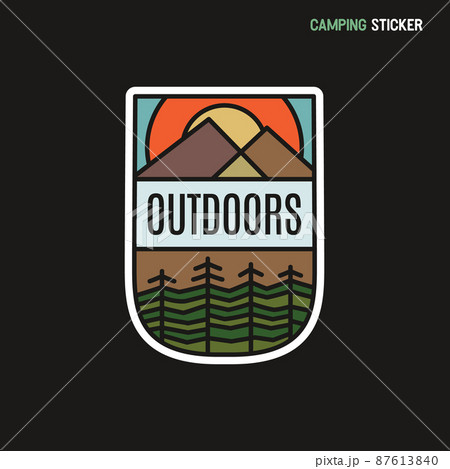 Camping adventure sticker design. Travel hand drawn patch. Outdoors line art label. Stock . 87613840