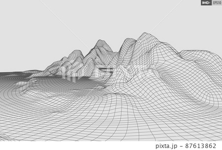 Wireframe landscape on white background. Abstract geometric vector technology background. 3d vector digital background. 87613862
