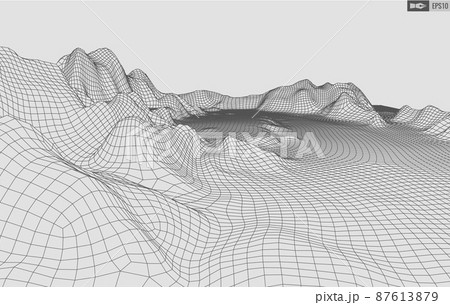 Wireframe landscape on white background. Abstract geometric vector technology background. 3d vector digital background. 87613879