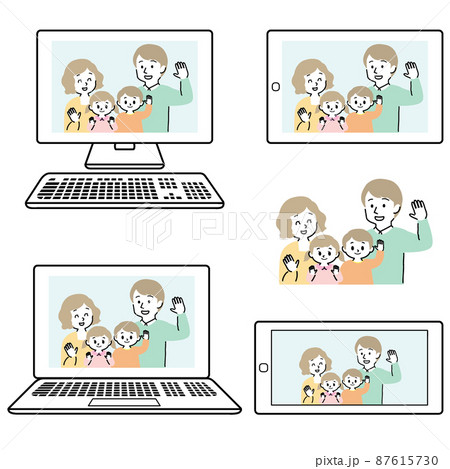 イラスト素材 オンライン帰省をするpcや携帯電話やタブレットセット 手を振る若夫婦と子供 主線あり のイラスト素材