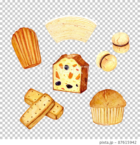 手描き水彩のかわいい焼き菓子セットイラスト(マドレーヌ・カップケーキ・バームクーヘン・クッキー・パウ 手描き水彩のかわいい焼き菓子セットイラスト(マドレーヌ・カップケーキ・バームクーヘン・クッキー・パウ 87615942