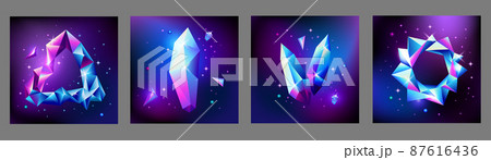 Abstract trendy cosmic poster set with crystal gems frame and pyramid geometric shapes in space. Neon galaxy background. 80s style. Poster with polygon pyramid or crystal. Vector illustration. Abstract trendy cosmic poster set with crystal gems frame and pyramid geometric shapes in space. Neon galaxy background. 80s style. Poster with polygon pyramid or crystal. Vector illustration. 87616436