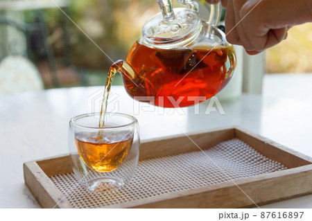 Close up of the hand pouring green tea from glass kettle to small cup Close up of the hand pouring green tea from glass kettle to small cup 87616897