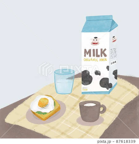 朝食食卓イメージ　イラスト　牛乳とパン 87618339