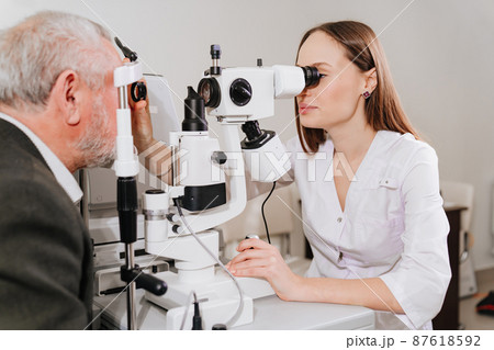 ophthalmologist examination of elderly man with slit lamp. medical equipment ophthalmologist examination of elderly man with slit lamp. medical equipment 87618592