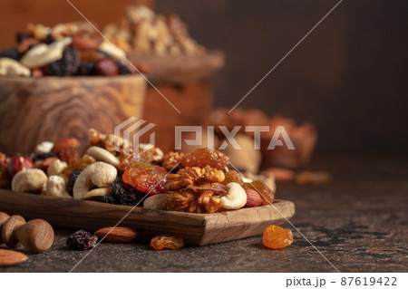Mix of nuts and raisins on a brown rustic background. 87619422