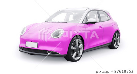 Pink cute little electric hatchback car. 3D illustration. 87619552