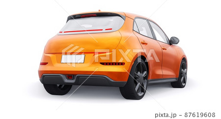 Orange cute little electric hatchback car. 3D illustration. Orange cute little electric hatchback car. 3D illustration. 87619608