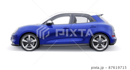 Blue cute little electric hatchback car. 3D illustration. Blue cute little electric hatchback car. 3D illustration. 87619715
