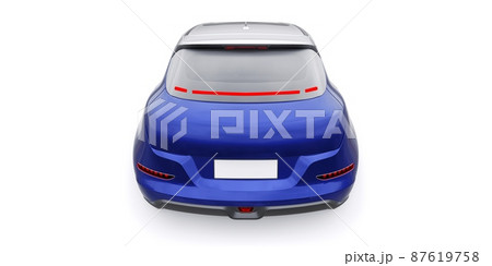 Blue cute little electric hatchback car. 3D illustration. Blue cute little electric hatchback car. 3D illustration. 87619758