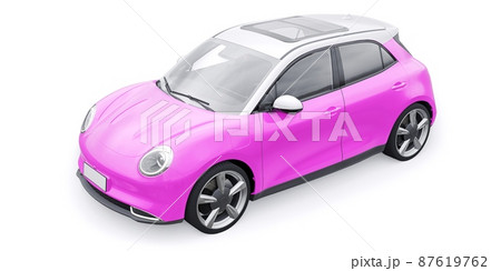 Pink cute little electric hatchback car. 3D illustration. 87619762