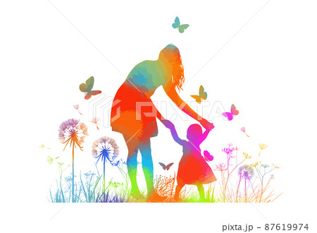 Colorful silhouette of a mother with a child walking. Vector illustration 87619974