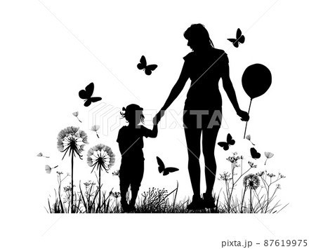 Silhouette of a mother with a child walking. Vector illustration 87619975