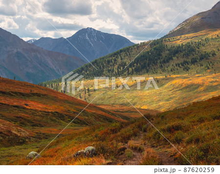 Sun after the rain over the summer mountain plateau. Dramatic rainy alpine landscape in autumn valley and dark mountain sharps in low clouds. Atmospheric awesome view to hike trail through the mount 87620259