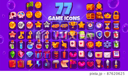 Game icons big set, cartoon skull, coin, star, xp Game icons big set, cartoon skull, coin, star, xp 87620625