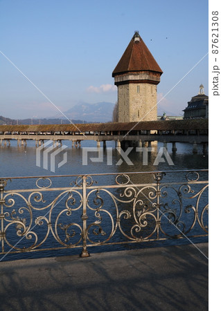 Historic Water Tower of the famous timber bridge in Lucerne, the Chapel Bridge. Historic Water Tower of the famous timber bridge in Lucerne, the Chapel Bridge. 87621308