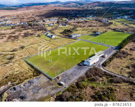 Aerial view of football pitch in Ardara, County Donegal - Ireland Aerial view of football pitch in Ardara, County Donegal - Ireland 87621653