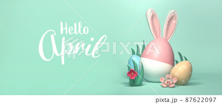 Hello April message with Easter eggs and rabbit ears 87622097