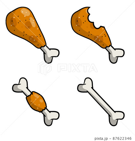 Piece of fried chicken leg. Delicious and fatty foods. Bitten meat with bone. 87622346