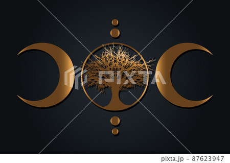 Gold Mystical Moon, tree of life Wicca sign. Sacred geometry. Golden luxury Logo, Crescent moon, half moon pagan Wiccan triple goddess symbol, energy circle, vector isolated on black background 87623947