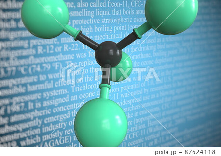 Molecular model of trichlorofluoromethane, 3D rendering 87624118