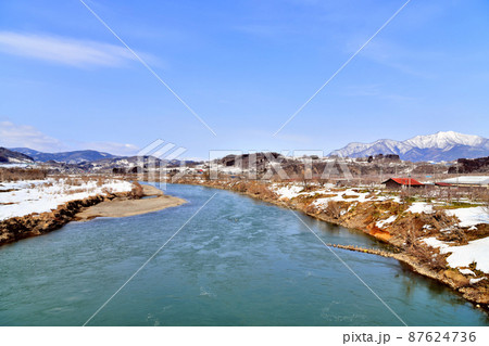 上今井橋／千曲川より下流／中野市豊田支所方面を望む(長野県中野市)【2022.3】 87624736