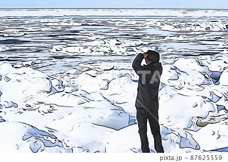パステル調 オホーツク海の流氷と観光客 イラストイメージのイラスト素材