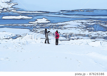 パステル調 オホーツク海の流氷と観光客 イラストイメージのイラスト素材