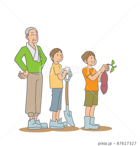 芋掘りをする子どもたちと祖父 87627327
