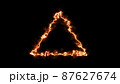 Empty triangle frame with electric power and burning border glowing, burning flame sign. Blank triangle fire with electric power around frame lights. The best stock photo image orange electric power 87627674
