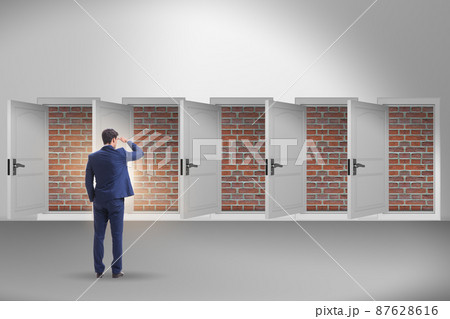 Businessman facing no exit with brick door 87628616