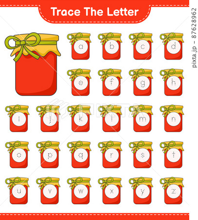 Trace the letter. Tracing letter alphabet with Jam. Educational children game, printable worksheet, vector illustration 87628962