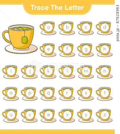 Trace the letter. Tracing letter alphabet with Tea Cup. Educational children game, printable worksheet, vector illustration 87628963