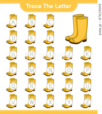 Trace the letter. Tracing letter alphabet with Rubber Boots. Educational children game, printable worksheet, vector illustration 87629009