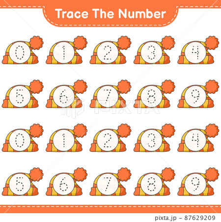 Trace the number. Tracing number with Hat. Educational children game, printable worksheet, vector illustration Trace the number. Tracing number with Hat. Educational children game, printable worksheet, vector illustration 87629209
