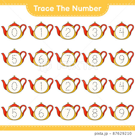 Trace the number. Tracing number with Teapot. Educational children game, printable worksheet, vector illustration 87629210