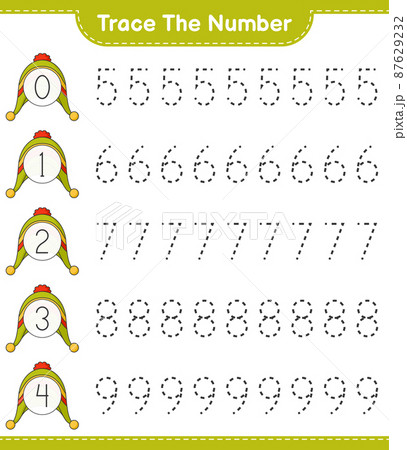 Trace the number. Tracing number with Hat. Educational children game, printable worksheet, vector illustration Trace the number. Tracing number with Hat. Educational children game, printable worksheet, vector illustration 87629232