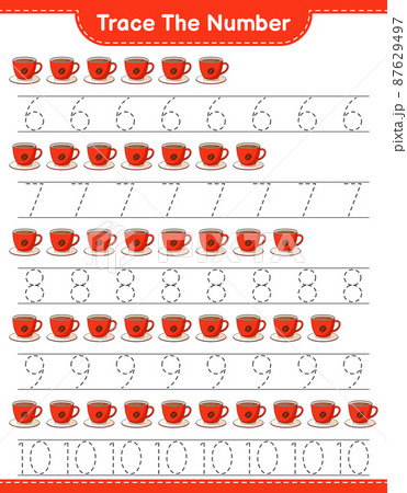 Trace the number. Tracing number with Coffee Cup. Educational children game, printable worksheet, vector illustration Trace the number. Tracing number with Coffee Cup. Educational children game, printable worksheet, vector illustration 87629497
