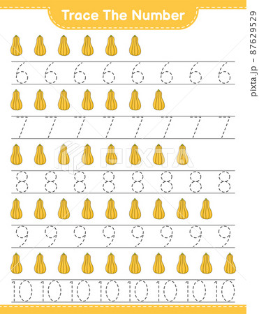 Trace the number. Tracing number with Butternut Squash. Educational children game, printable worksheet, vector illustration Trace the number. Tracing number with Butternut Squash. Educational children game, printable worksheet, vector illustration 87629529