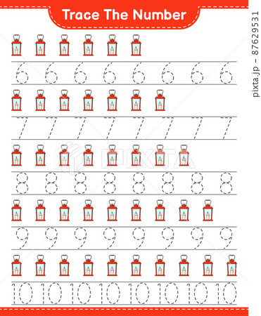 Trace the number. Tracing number with Lantern. Educational children game, printable worksheet, vector illustration 87629531