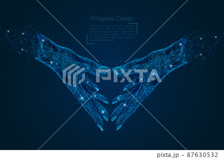Abstract isolated image of human hand of partnership of people. Polygonal low poly style illustration looks like stars in the blask night sky in spase or flying glass shards. Abstract isolated image of human hand of partnership of people. Polygonal low poly style illustration looks like stars in the blask night sky in spase or flying glass shards. 87630532