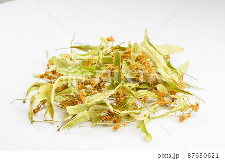 Heap of dried linden tea flowers over white Heap of dried linden tea flowers over white 87630621