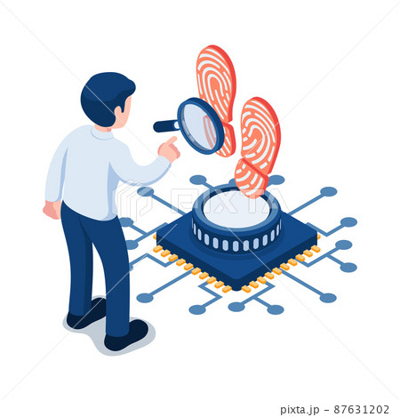 Isometric Businessman Analyze Digital Footprint 87631202