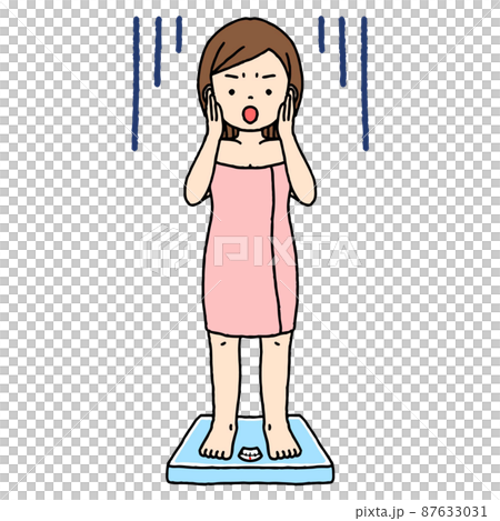 一個穿著浴巾的正常身材的女人被騎在秤上嚇了一跳。 87633031