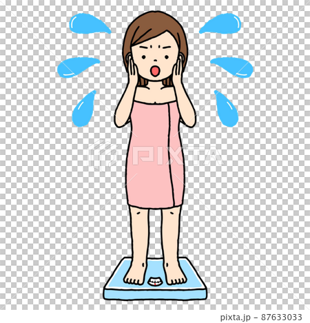 A normal-sized woman wearing a bath towel is shocked by riding on a scale. 87633033