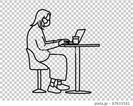 Line drawing illustration of a woman heading to a laptop at a cafe Line drawing illustration of a woman heading to a laptop at a cafe 87633581