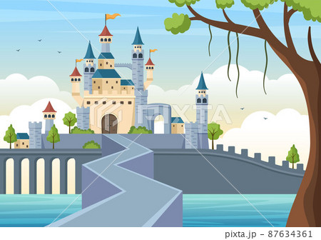 Castle with Majestic Palace Architecture and Fairytale Like Forest Scenery in Cartoon Flat Style Illustration 87634361