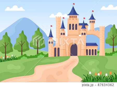 Castle with Majestic Palace Architecture and Fairytale Like Forest Scenery in Cartoon Flat Style Illustration 87634362